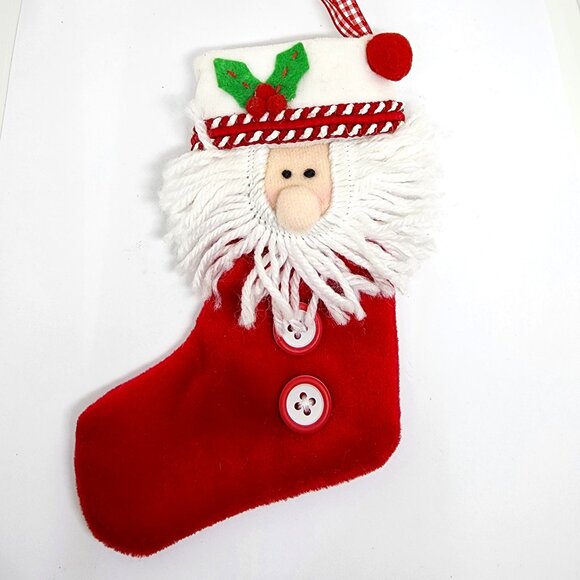 Santa Claus Small Stocking Red White Buttons Ribbon Christmas Holiday Ornament - Picture 6 of 7